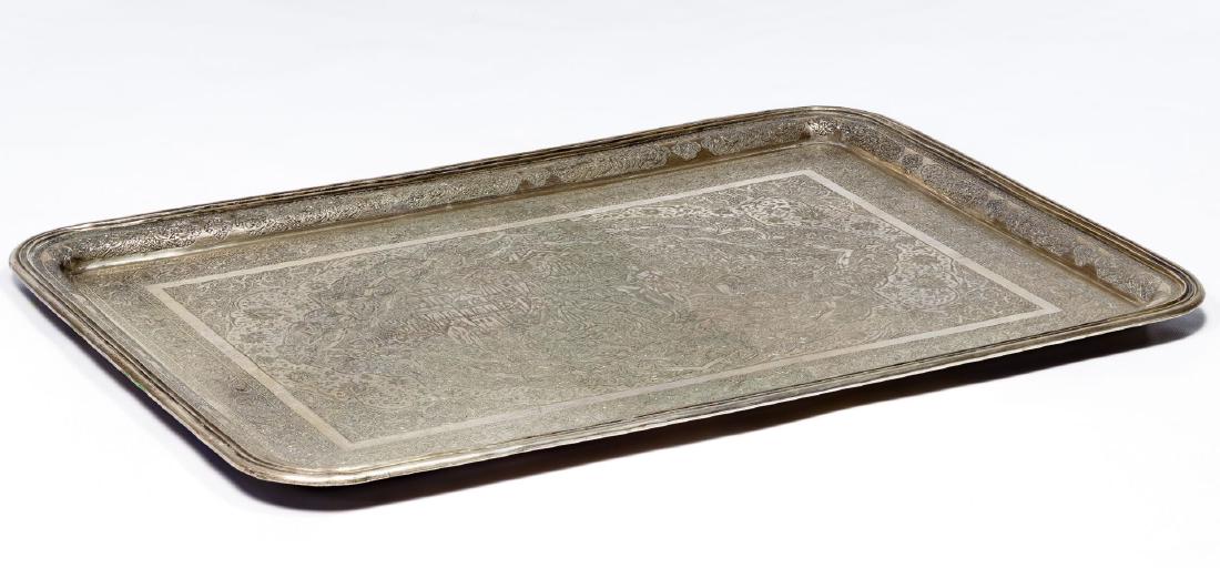 Silver Engraved Tray: Silver Engraved Tray Large tray with etched story scene; illegible stamp on the underside, possibly Persian / Middle Eastern Condition: Good, moderate wear, tarnish, discoloration, scratches; unmarked