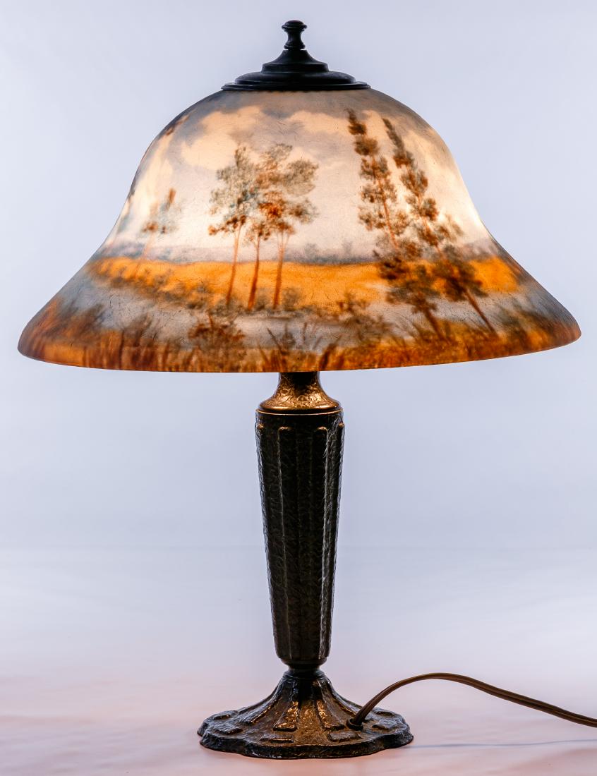 Pittsburgh Lamp Style Reverse Painted Shade on Base: Pittsburgh Lamp Style Reverse Painted Shade on Bronze Base Table Lamp Bronze base by 'Classique', dual sockets, having textured surface; reverse painted shade having lake and trees motif in chipped ic
