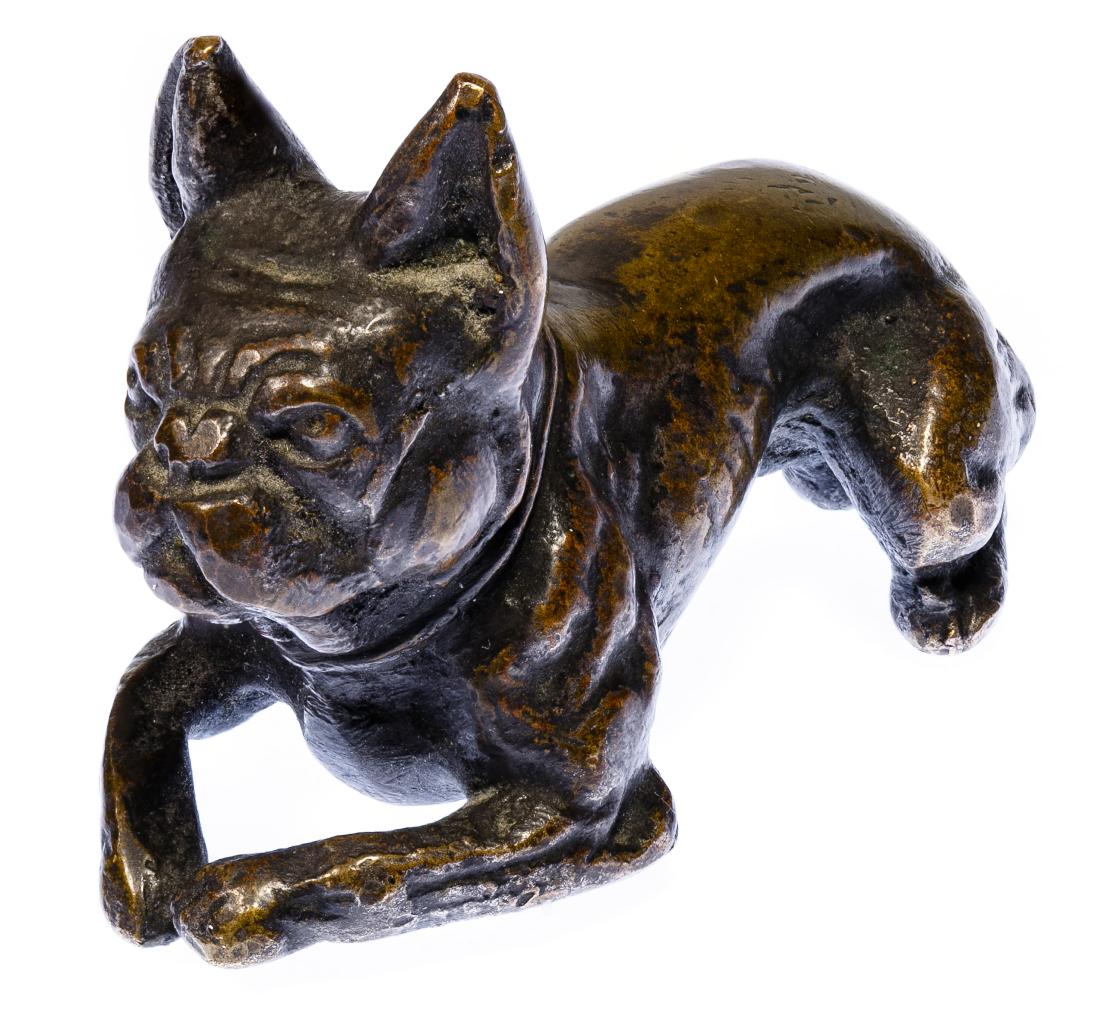 Tiffany Studios Bronze French Bulldog Paperweight: Tiffany Studios Bronze French Bulldog Paperweight Depicting a dog laying down; marked 'Tiffany Studios' and 'New York' on belly Condition: Very Good, light wear Height: 1.25 inches, Length: 2.25 inche