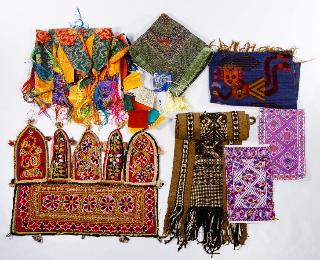 Quilt, Throw and Runner Assortment: Quilt, Throw and Runner Assortment Silk, wool and cotton textiles including a windsock, banner flags, pillow cover, place mats, wall hanging, throw blankets and a tablecloth Condition: Good, light dus