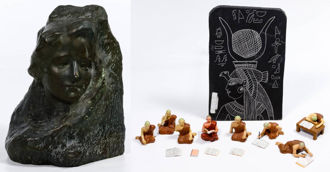 (After) Edouard Fortiny (Italy, fl.1900) Cast Statue: (After) Edouard Fortiny (Italy, fl.1900) Cast Statue Undated, signed at lower edge; hollow bronze sculpture with face carved in relief; together with eight monk figurines with six books and a table, a