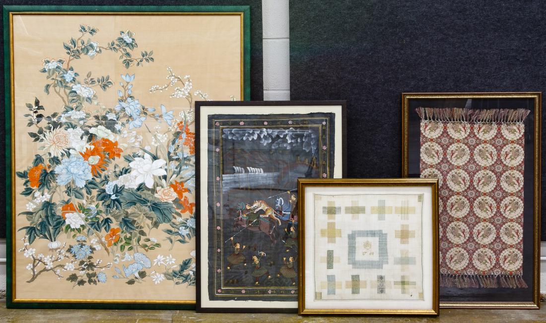 Framed Art Assortment: Framed Art Assortment Four items including a Japanese botanical painting on silk having brightly colored peonies, chrysanthemums and cherry blossoms; a Japanese woven silk tapestry depicting a lion hu