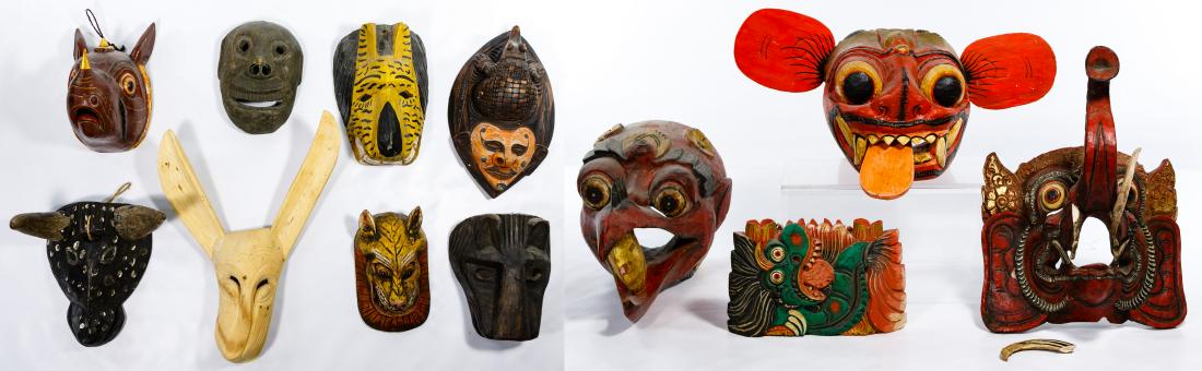 Animal Mask Assortment: Animal Mask Assortment Eleven items including Indonesian wood animal masks, hand carved, some painted with examples of a lion, bull, rhinoceros, elephant, a painted wooden bell Condition: Good to Fair