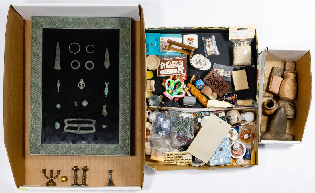 Miniature Assortment: Miniature Assortment Over a hundred miniatures including bowls, tea pots, plates and various items; together with 'Bronze Age' artifact shadow box, clay and stone artifacts Condition: Very Good to Goo