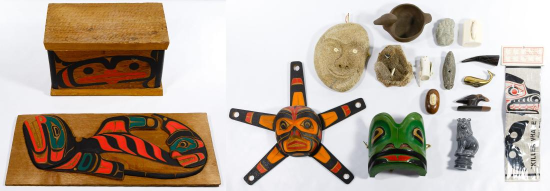 Northwest Coast Indian and Inuit Assortment: Northwest Coast Indian and Inuit Assortment Including a painted bent wood box by Tim Paul (Canadian, b.1950), a Hesquiaht artist, signed and dated 1983 on underside of lid; a carved and painted cedar 