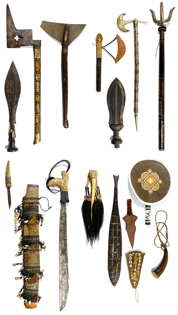 Primitive Weapon Assortment: Primitive Weapon Assortment Thirteen items including four axes, three knives, a short sword, a spear, a flat club, a long sword and knife set displayed in a decorative wood scabbard; together with a l