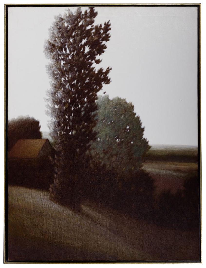 Robert Kipniss (American, b.1931) 'Tall Tree' Oil on: Robert Kipniss (American, b.1931) 'Tall Tree' Oil on Canvas c.1974, signed lower left, depicting a tall tree behind a small house on rolling land; provenance: purchased by the current owner on Novembe