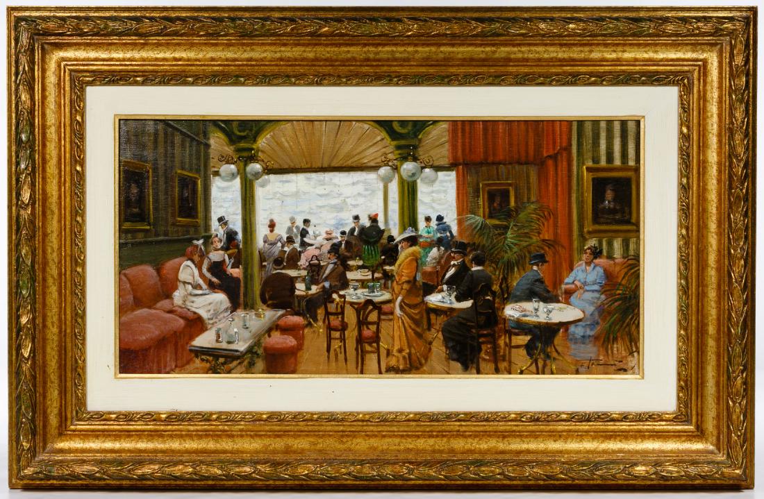 Francesco Tammaro (Italian, b.1939) 'Salla de Caffee': Francesco Tammaro (Italian, b.1939) 'Salla de Caffee' Oil on Board Undated, signed lower right, image of a late 1800's coffee house, in a wide dark gold frame with a painted liner Condition: Very Good