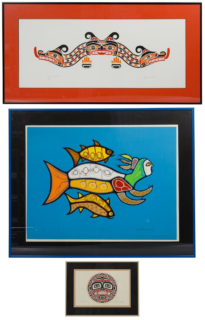 Native American (Canadian, 20th Century) Prints: Native American (Canadian, 20th Century) Prints Three items including Roy Thomas (Canadian, Ojibwa, 1949-2004) 'Merman' silkscreen dated 1984, limited edition 11/80; Chief Beau Dick (Canadian, 1955-20