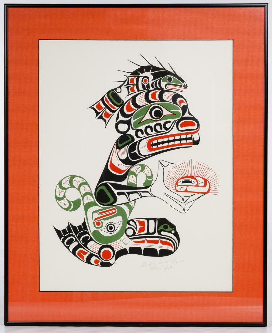 Richard Hunt (Canadian (Haida), b.1951) 'Keva-Gulth: Richard Hunt (Canadian (Haida), b.1951) 'Keva-Gulth Pugwis' Serigraph Undated, signed lower right, limited edition 79/160, Pacific Northwest totem image of animals, red mat and black metal frame Condi