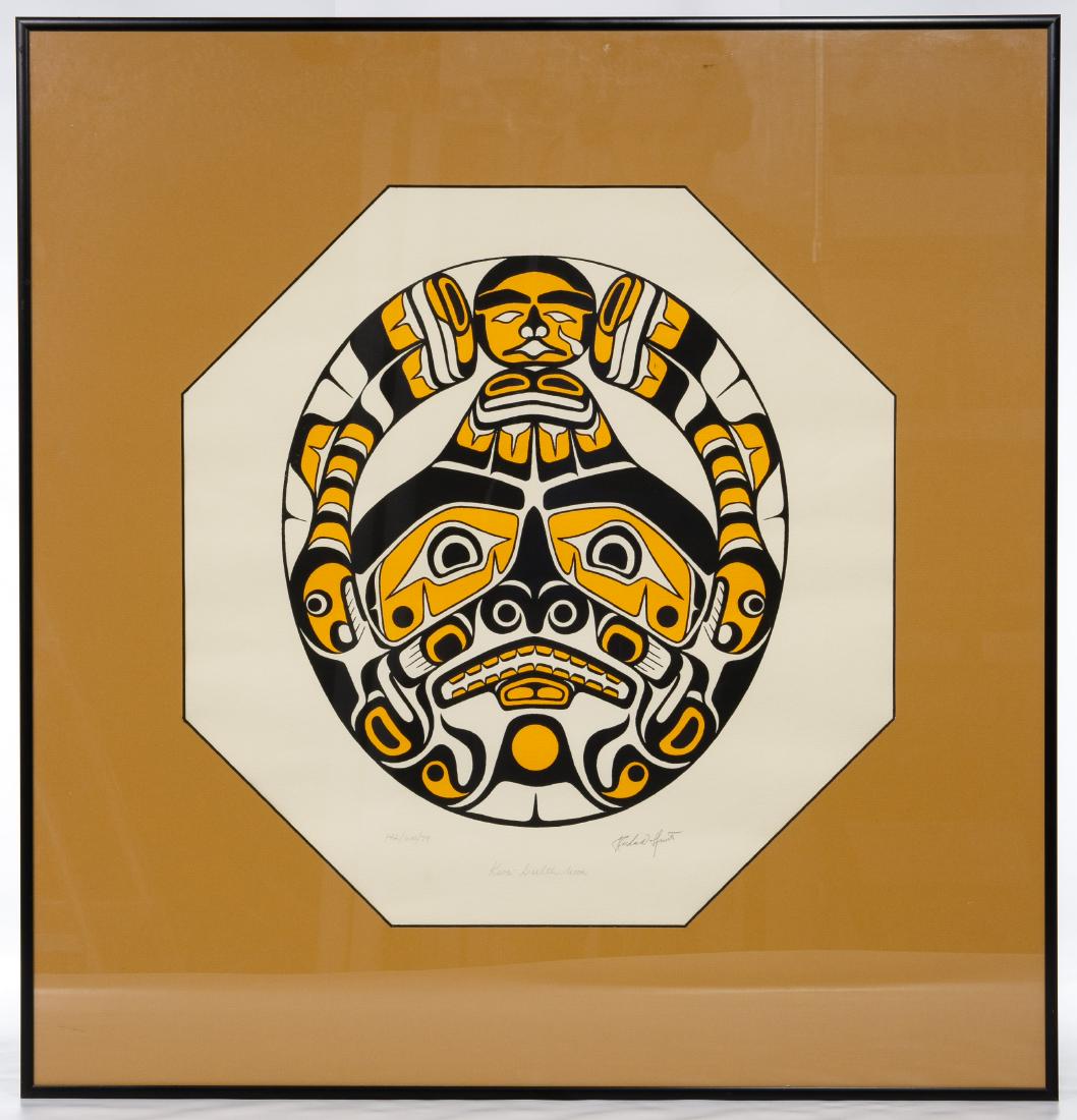 Richard Hunt (Canadian / Haida, b.1951) 'Kwa-Gulth: Richard Hunt (Canadian / Haida, b.1951) 'Kwa-Gulth Moon' Silkscreen 1979, signed lower right, limited edition 142/600, depicting a tribal totem image of the moon in orange, gold and black on white; bl