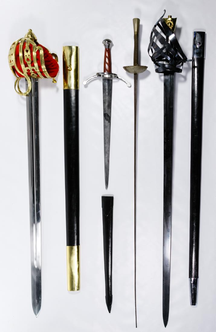 Sword Assortment: Sword Assortment Four swords including modern examples with scabbards and marked 'India' on their blades as well as a foil marked 'Made in France' Condition: Very Good to Good, overall light wear cons