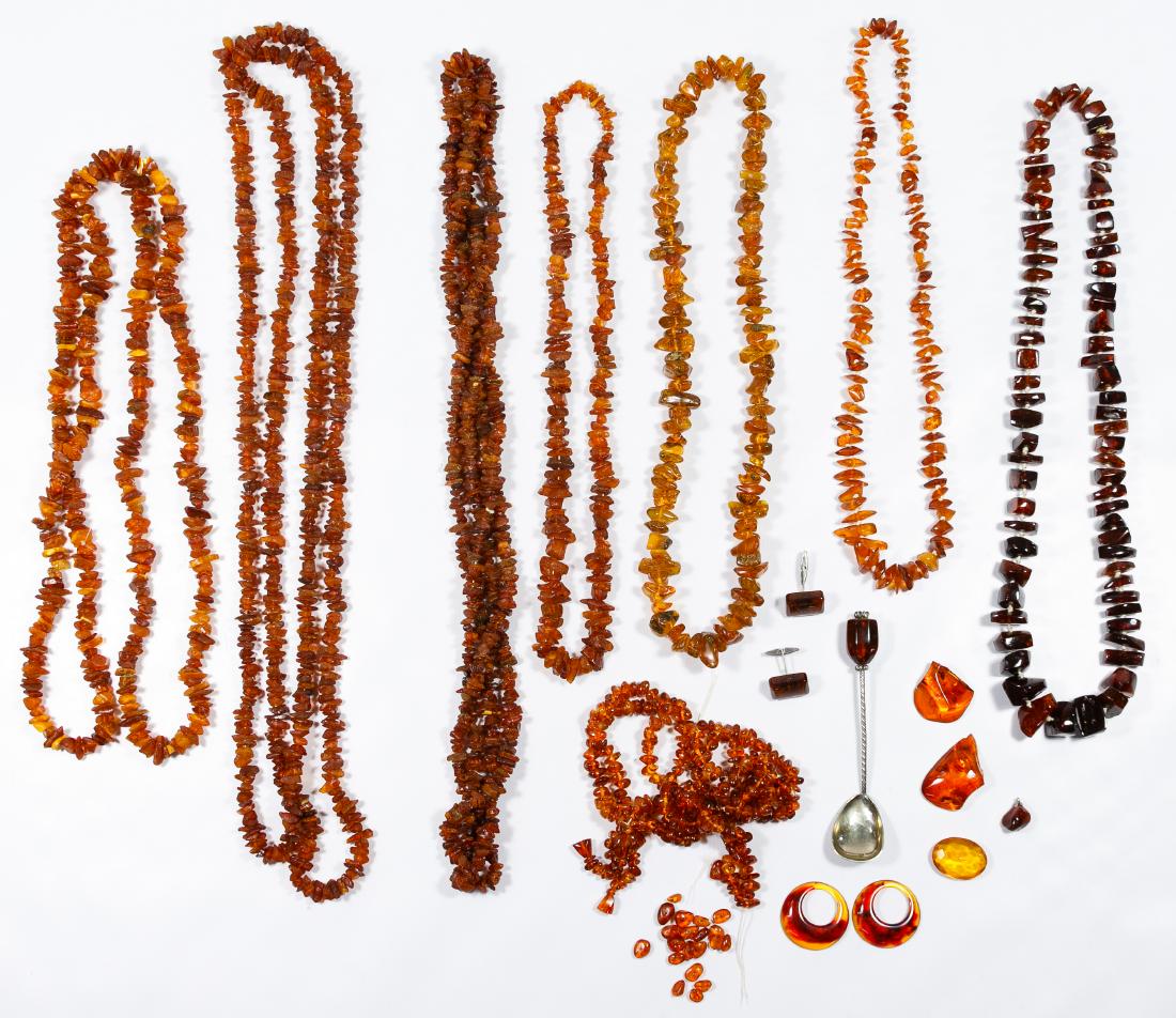 Sterling Silver, European Silver (800) and Amber: Sterling Silver, European Silver (800) and Amber Jewelry Assortment Including necklaces, bracelets, pins, pendants and earrings; all marked 'sterling', '925' or '800' Condition: Very Good, light to he