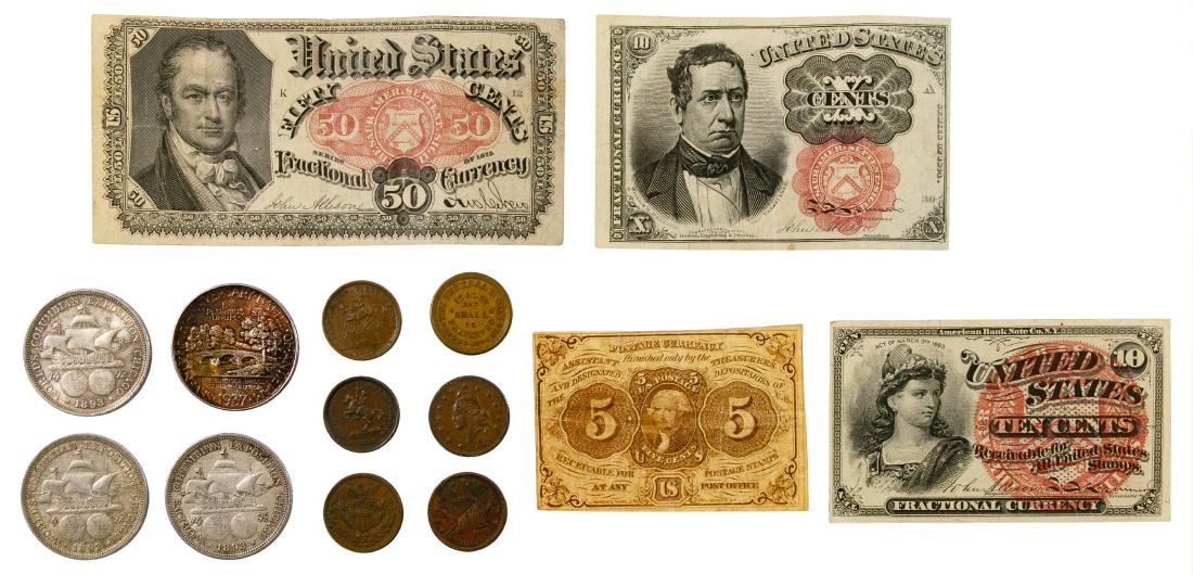 US Fractional Currency and Commemorative Coin: US Fractional Currency and Commemorative Coin Assortment Including 5c postage, 1849 and 1863 10c, 1875 50c, (3) 1893 50c Columbian, 1937 Antietam 50c and (6) Civil War era tokens Category: Miscellaneo