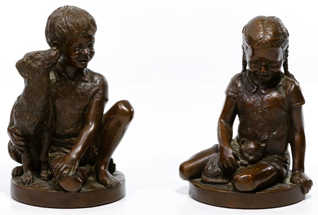 Charles Parks Bronze Statues: Charles Parks Bronze Statues Two examples issued by The Franklin Mint in 1974 including 'Girl With Cat' and 'Boy With Dog'; cast bronze marked 'Parks 74' on bases behind figures and having engraved br