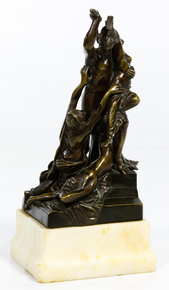 Unknown Artist (European, 20th Century) Bronze Statue: Unknown Artist (European, 20th Century) Bronze Statue Undated, unsigned, having a 'Bronze Garanti' mark at base on back, depicting a male warrior capturing females, on a marble base Condition: Very Go