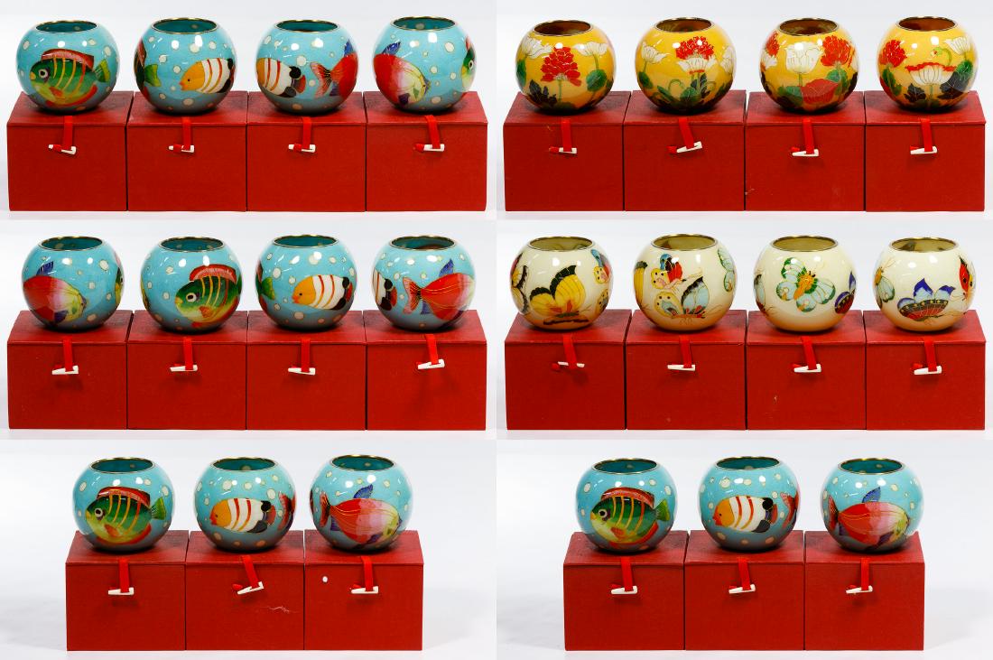 Asian Plique-a-Jour Style Vase Assortment: Asian Plique-a-Jour Style Vase Assortment Twenty-two round vases in various colors including fourteen having a fish design, four having a floral design and four having a butterfly design; together wit