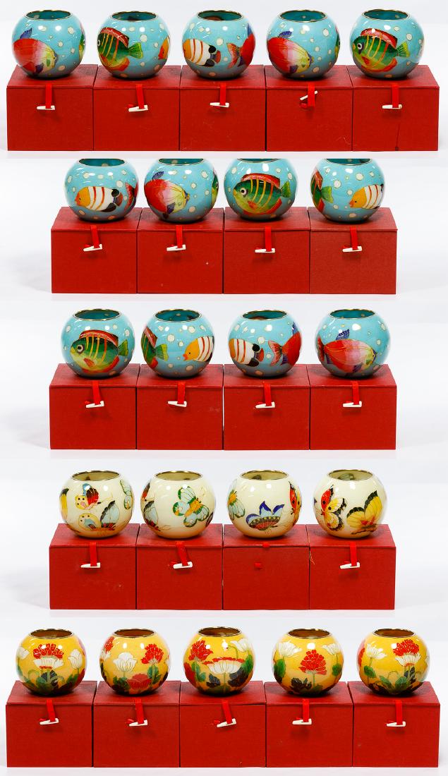 Asian Plique-a-Jour Style Vase Assortment: Asian Plique-a-Jour Style Vase Assortment Twenty-two round plique-a-jour style vases in various colors including thirteen having a fish design, four having a floral design and four having a butterfly 