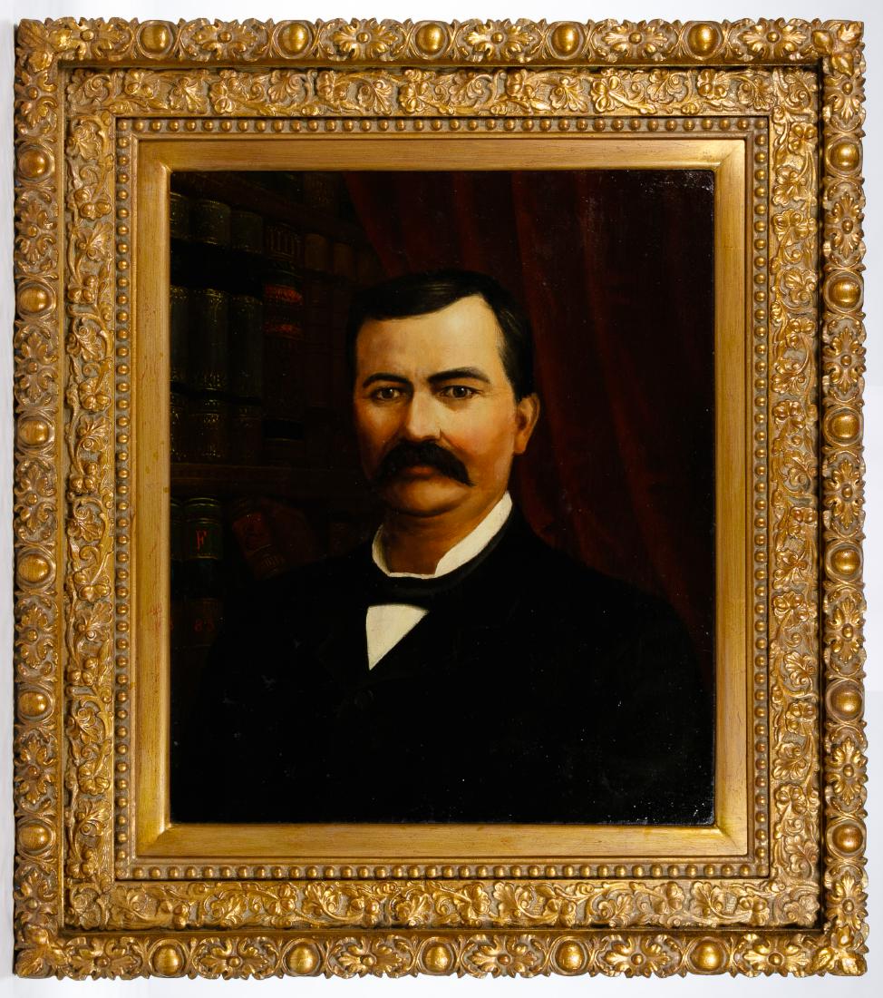 Unknown Artist (American, 19th Century) Oil on Linen: Unknown Artist (American, 19th Century) Oil on Linen Mounted on Board Undated, unsigned, portrait of an Edwardian gentleman in his library, ornate gold-toned composition frame Condition: Good, paintin
