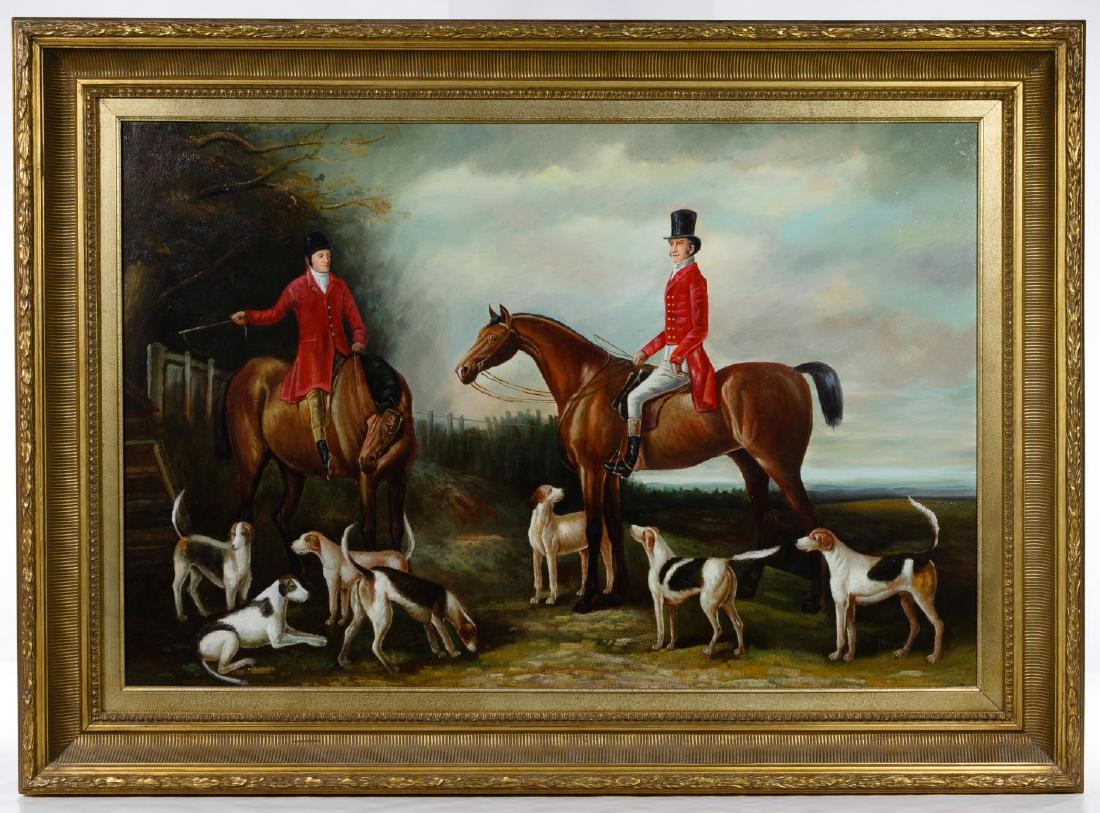 Browon (European, 20th Century) Oil on Canvas: Browon (European, 20th Century) Oil on Canvas Undated, signed lower right, depicting master and hounds hunt scene in a wide gold neoclassic frame Condition: Very Good, clean condition, a few small den