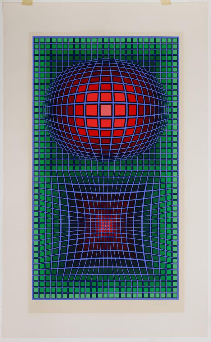 Victor Vasarely (French, 1906-1997) Lithograph: Victor Vasarely (French, 1906-1997) Lithograph Undated, pencil signed lower right, numbered 169/250, depicting an abstract image; label en verso reads 'Conservation Mounting, March 2, 1982, Town Galle