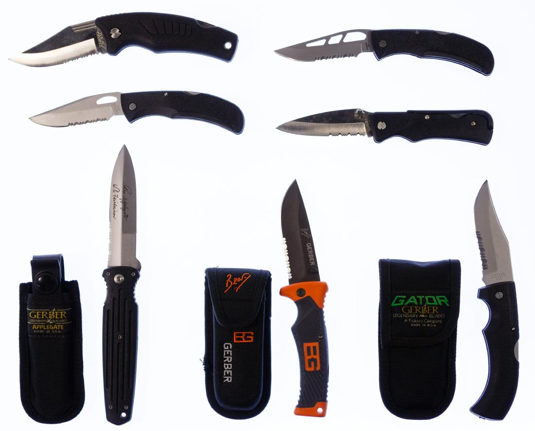 Gerber and Schrade Knife Assortment: Gerber and Schrade Knife Assortment Eleven items including seven Gerber #22-07158, #22-01966, 'Bear' with case, 'Applegate' with case, 'Gator' with case, two unmarked as well as Schrade #47OT, #AV77, 