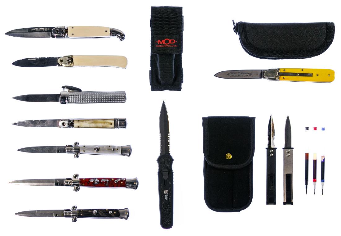 Switch Blade Knife Assortment: Switch Blade Knife Assortment Ten items including 'Tekna' micro knife with case, MOD knives 'Hawkins Triton' with case, two AB Italy 'Inox', 'Stiletto', 'GOM' pearl handle,' Boker 'Tree Brand Classic'