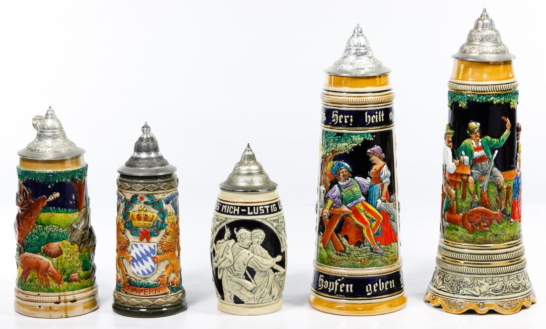 Beer Cooler and Beer Stein Assortment: Beer Cooler and Beer Stein Assortment Including five pottery beer steins having pewter lids, all marked 'West Germany' underside as well as a wood and copper clad beer dispenser Condition: Good, no ch