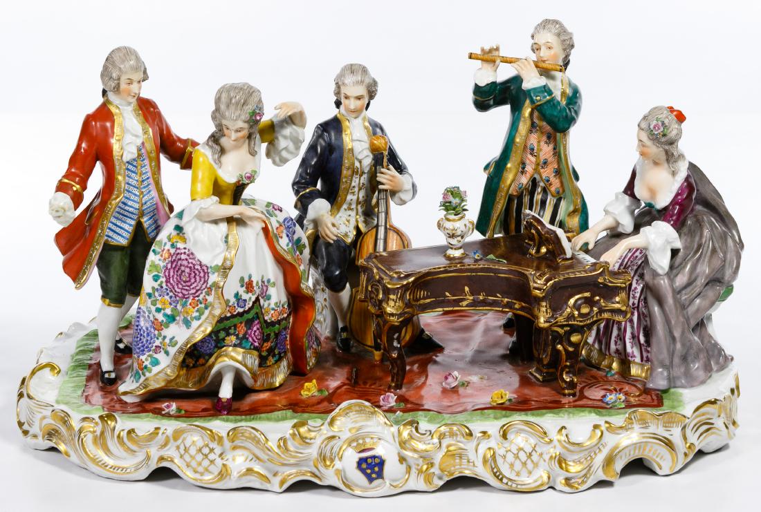 Capodimonte Porcelain Figural Group: Capodimonte Porcelain Figural Group 1933, Belgium Village, Century of Progress, Chicago; scrolled plateau of figures having gilded and finely painted details, showing a musical trio and a pair of danc