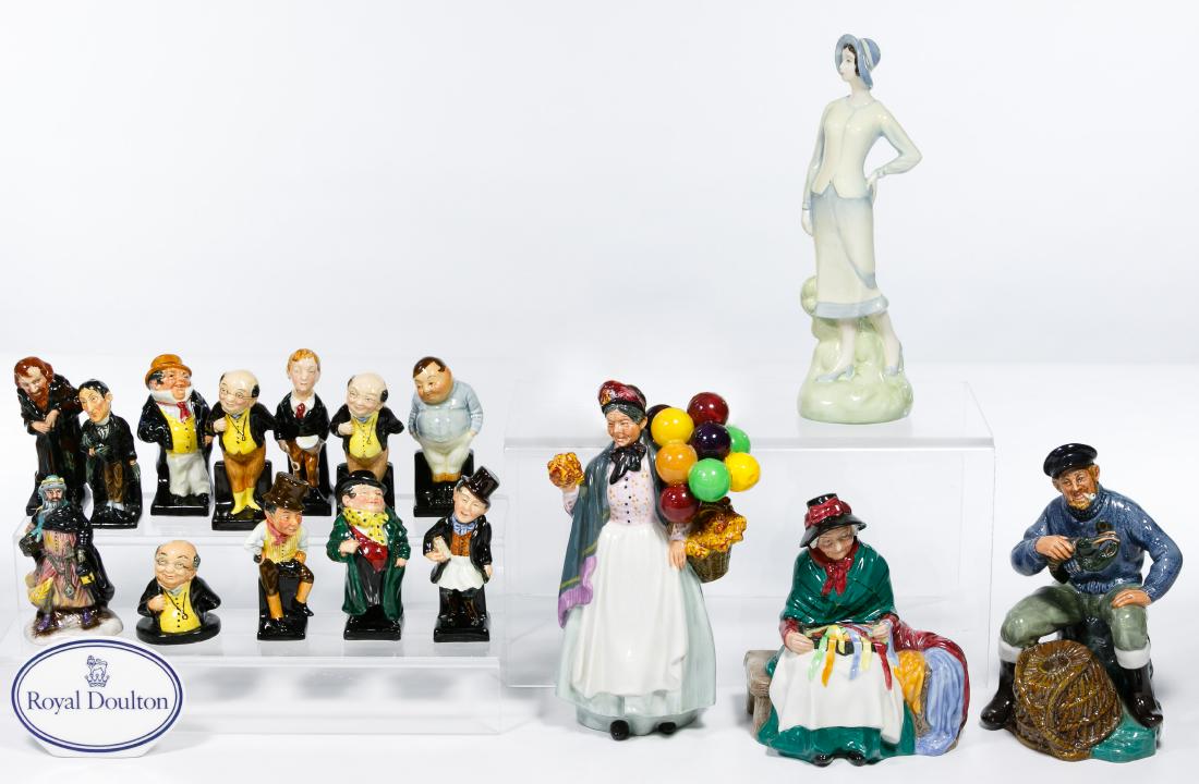 Royal Doulton Figurine Assortment: Royal Doulton Figurine Assortment Sixteen items including Royal Doulton 'Dickens' mini-figurines, 'King Wenceslas' mini figure, 'Biddy Pennyfarthing', 'The Lobster Man', 'Silks and Ribbons' and 'Sophi