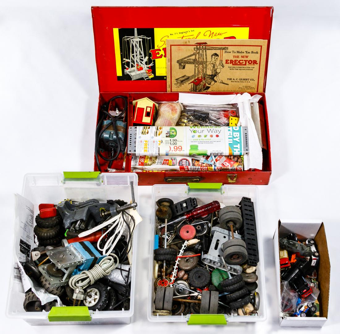 Model Car Kit and Part Assortment: Model Car Kit and Part Assortment Assortment of parts, mostly steel and rubber wheels, for pressed tin and die cast toy vehicles; sixteen small toy cars, including Tootsietoys, Hot Wheels; an Erector
