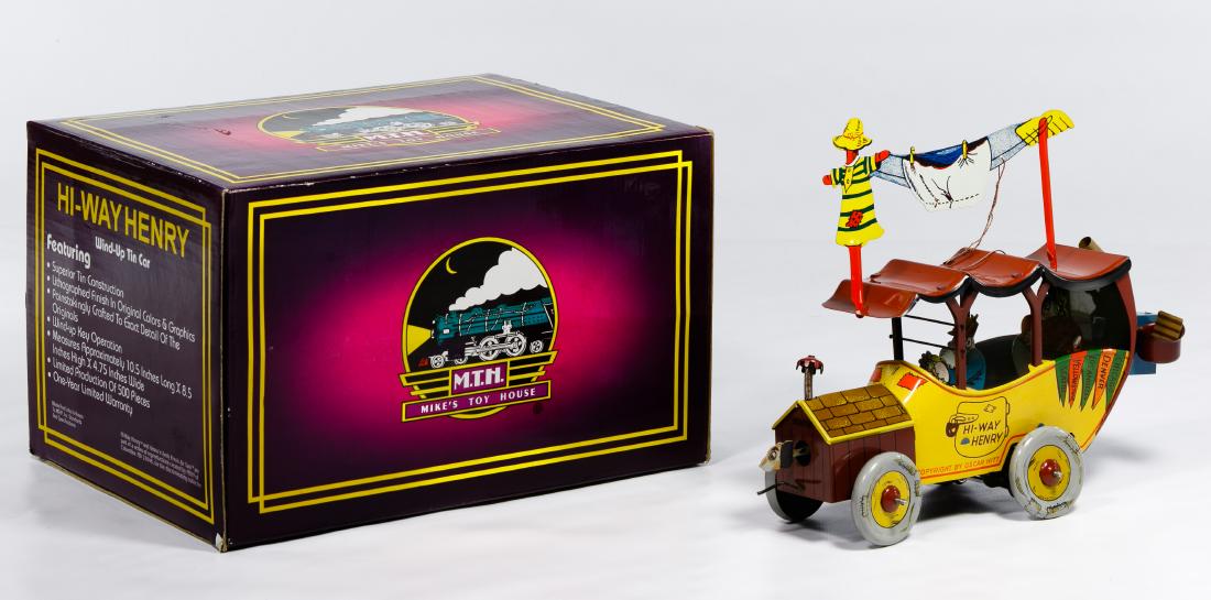 M.T.H. Tin Litho Hi-Way Henry Automobile Wind-Up Toy: M.T.H. Tin Litho Hi-Way Henry Automobile Wind-Up Toy Reproduction Hi-Way Henry; limited production of 500; having all parts and original packaging Condition: Very Good, overall light wear from age and