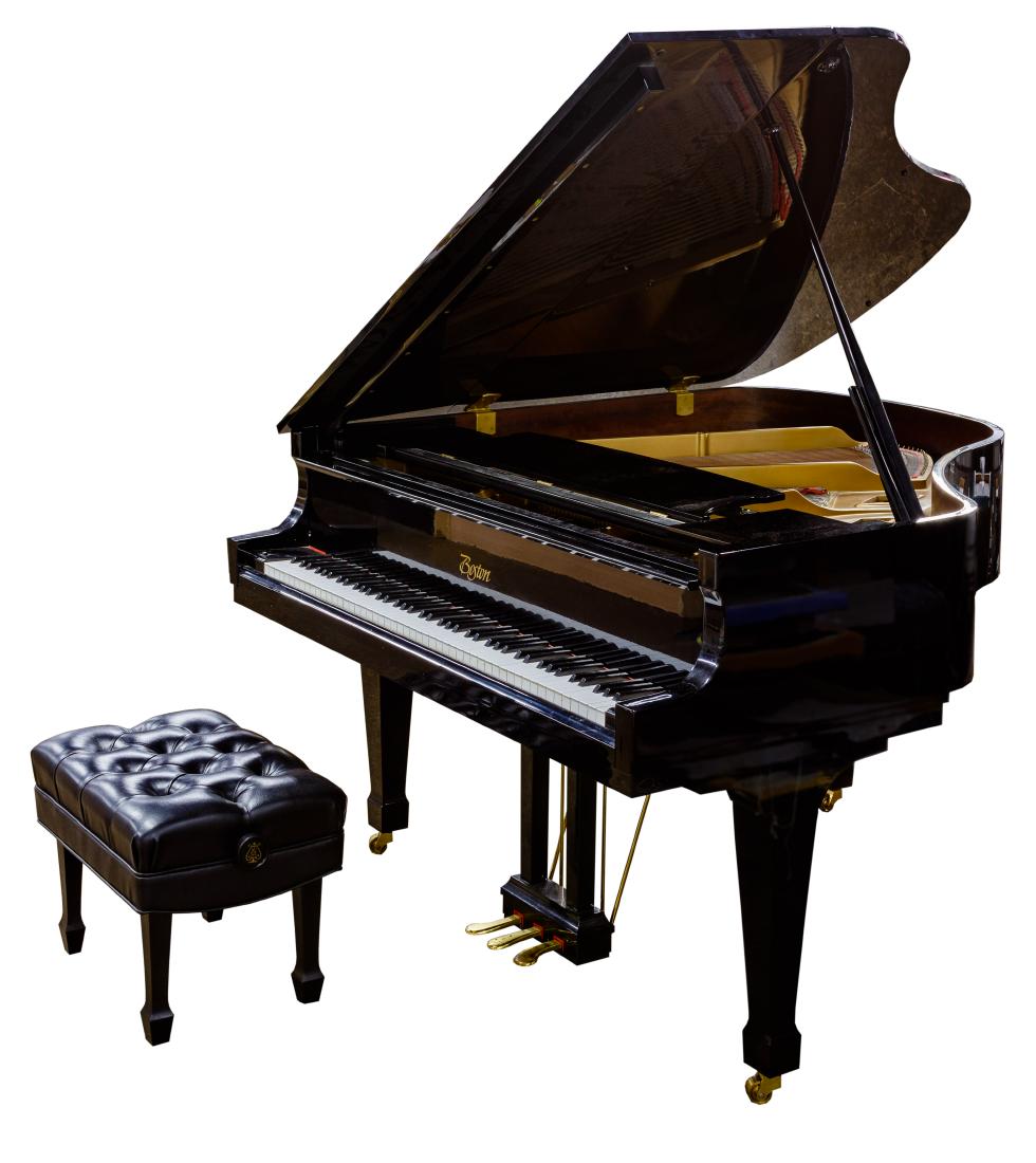 Boston GP 156 II Baby Grand Piano: Boston GP 156 II Baby Grand Piano c.2000; serial #135817, designed by Steinway and Sons and assembled by Kawai; having a polished ebony finish; together with a tufted leather upholstered bench by Paul