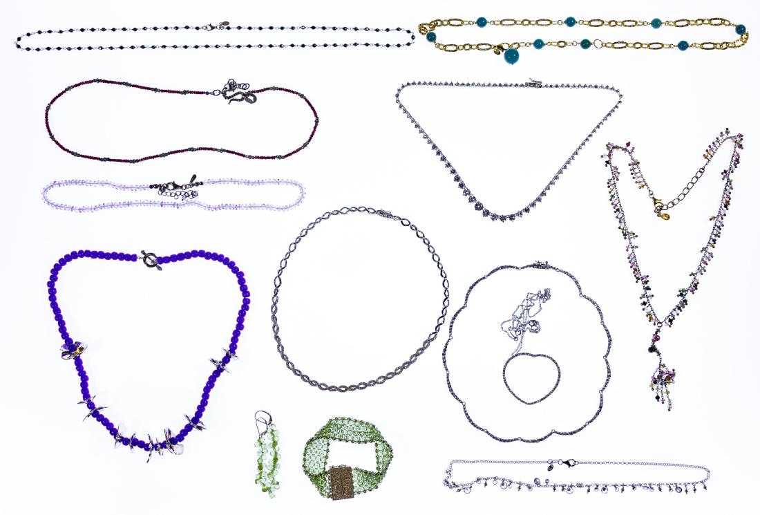 Sterling Silver Jewelry Assortment: Sterling Silver Jewelry Assortment Including necklaces, bracelets, earrings, pendents, rings, some with gemstones, beads; marked 'Sterling' or '925' Condition: Very Good to Good, light wear, some are 