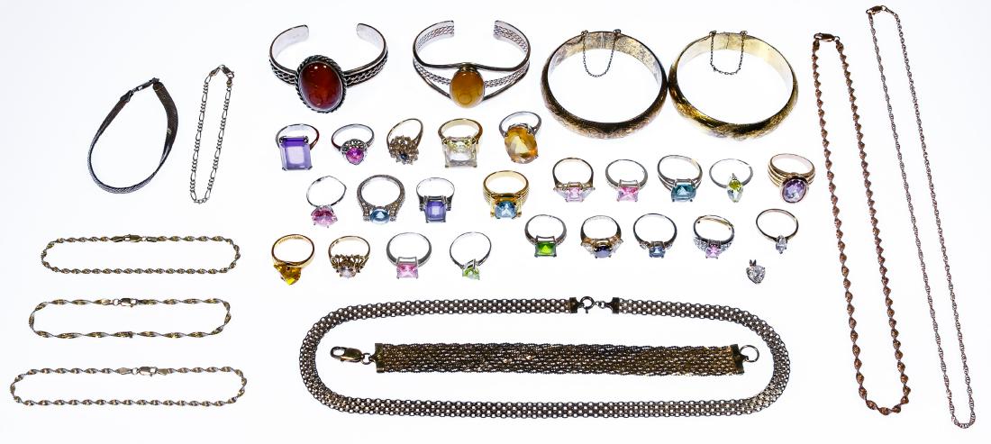 Sterling Silver Jewelry Assortment: Sterling Silver Jewelry Assortment Including thirty-three necklaces, twenty-three rings having color gemstones, two brooches, two necklaces, ten pendants, four bangles, ten chain bracelets, two pair o