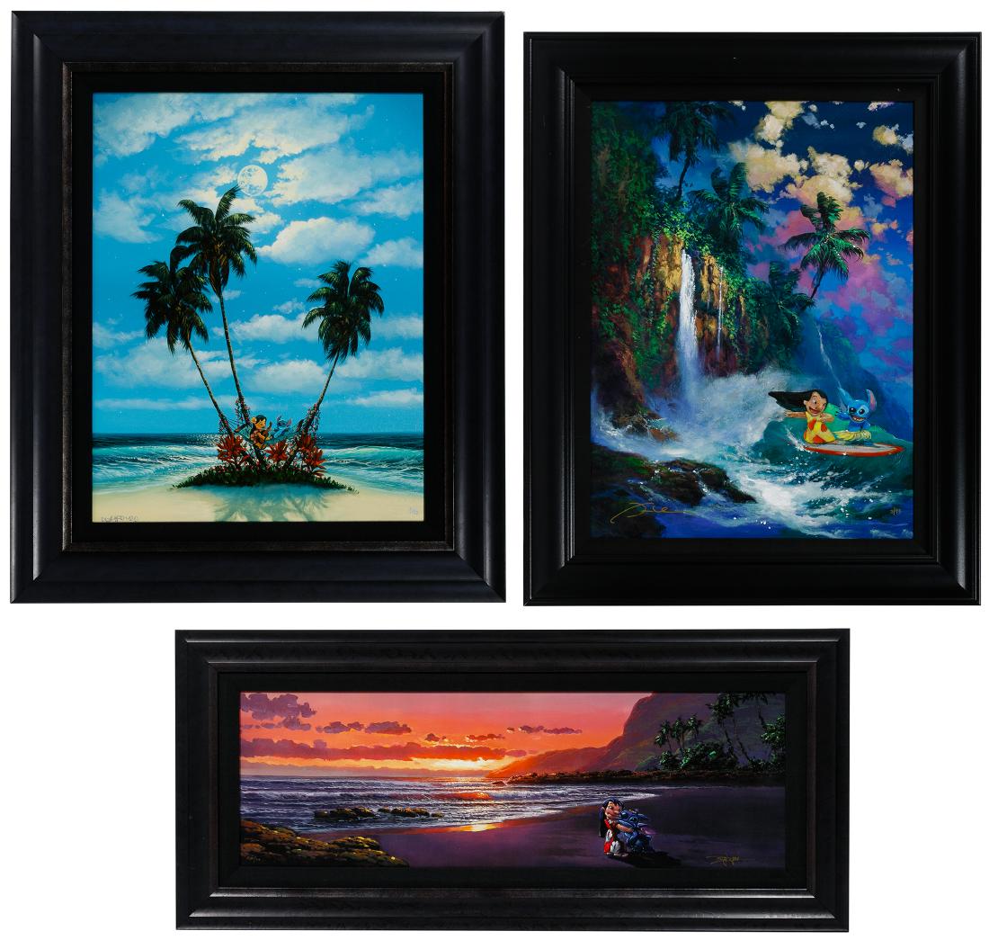 Disney 'Lilo & Stitch' Giclee on Canvas Print: Disney 'Lilo & Stitch' Giclee on Canvas Print Assortment Three limited edition framed images by Disney Fine Art depicting including 'Kauai Dream' hand-signed James Coleman at lower left edition 3/95,