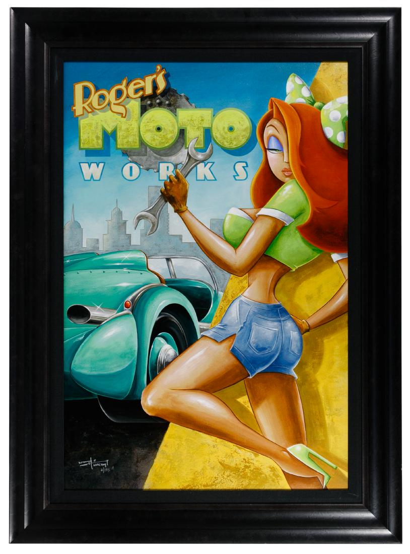 Disney 'Roger Rabbit' Giclee on Canvas Print: Disney 'Roger Rabbit' Giclee on Canvas Print 'Roger's Moto Works' signd Mike Kungl lower left 3/195, in a wide black frame Condition: Very Good, print in like new condition having no damage noted; hav