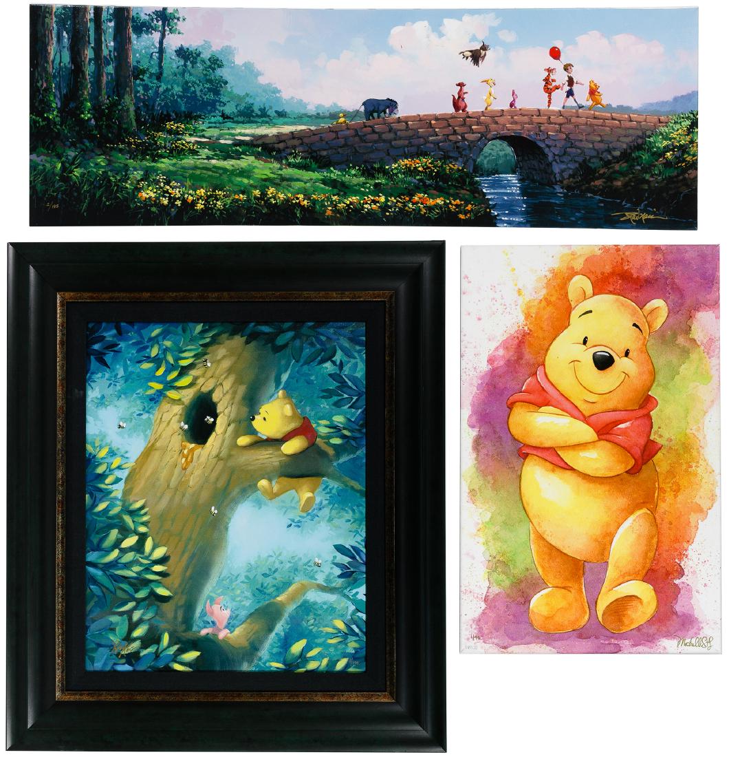 Disney 'Winnie the Pooh' Giclee on Canvas Print: Disney 'Winnie the Pooh' Giclee on Canvas Print Assortment Three items including 'Lovable Bear' by Michelle St. Laurent 1/95; framed 'Curious Bear' by Rob Kaz 1/95; and 'Over the Stone Bridge' by Roda