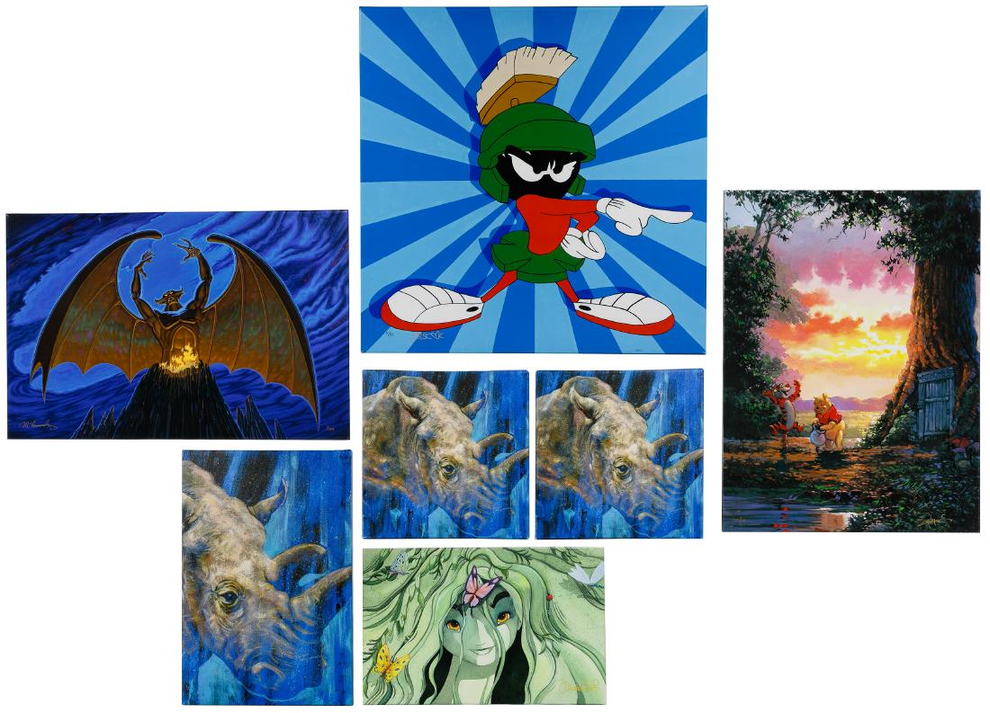 Disney Giclee on Canvas Assortment: Disney Giclee on Canvas Assortment Six gallery wrapped limited edition giclees on canvas from Disney Fine Art including 'Night on Bald Mountain'signed Manny Hernandaz lower left 1/195 with certificate