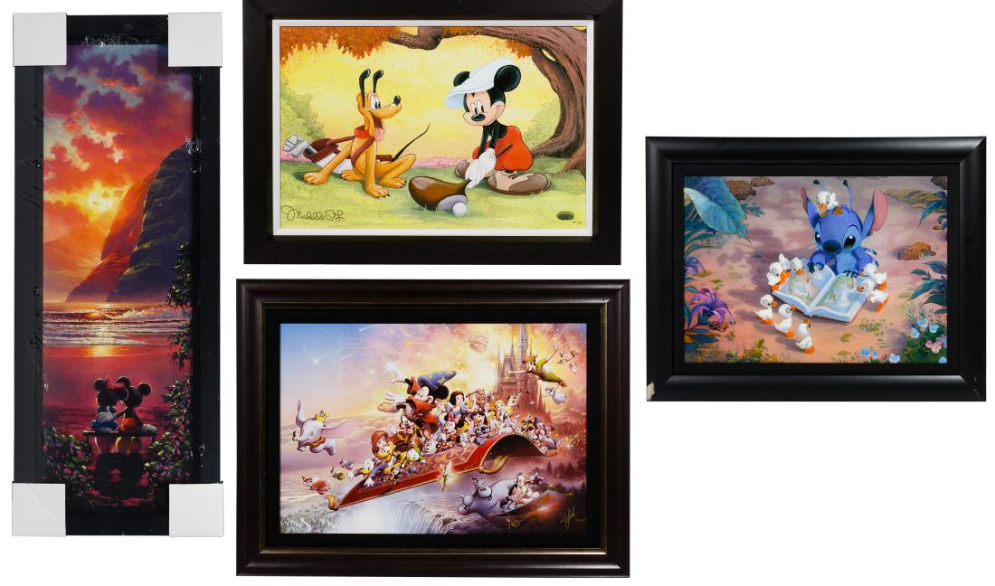 Disney Giclee on Canvas Assortment: Disney Giclee on Canvas Assortment Four limited edition giclees on canvas from Disney Fine Art, including 'Mickey on the Tee' signed Michelle St. Laurent lower right AP 1/10 and 'Sunset Romance' signe