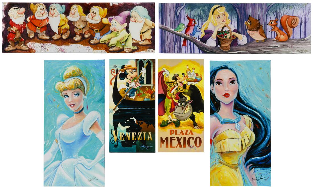 Disney Giclee on Canvas Assortment: Disney Giclee on Canvas Assortment Six gallery wrapped limited edition giclees on canvas from Disney Fine Art including 'Forest of Friends' signed Michelle St. Laurent lower right AP 1/10, 'All Seven'