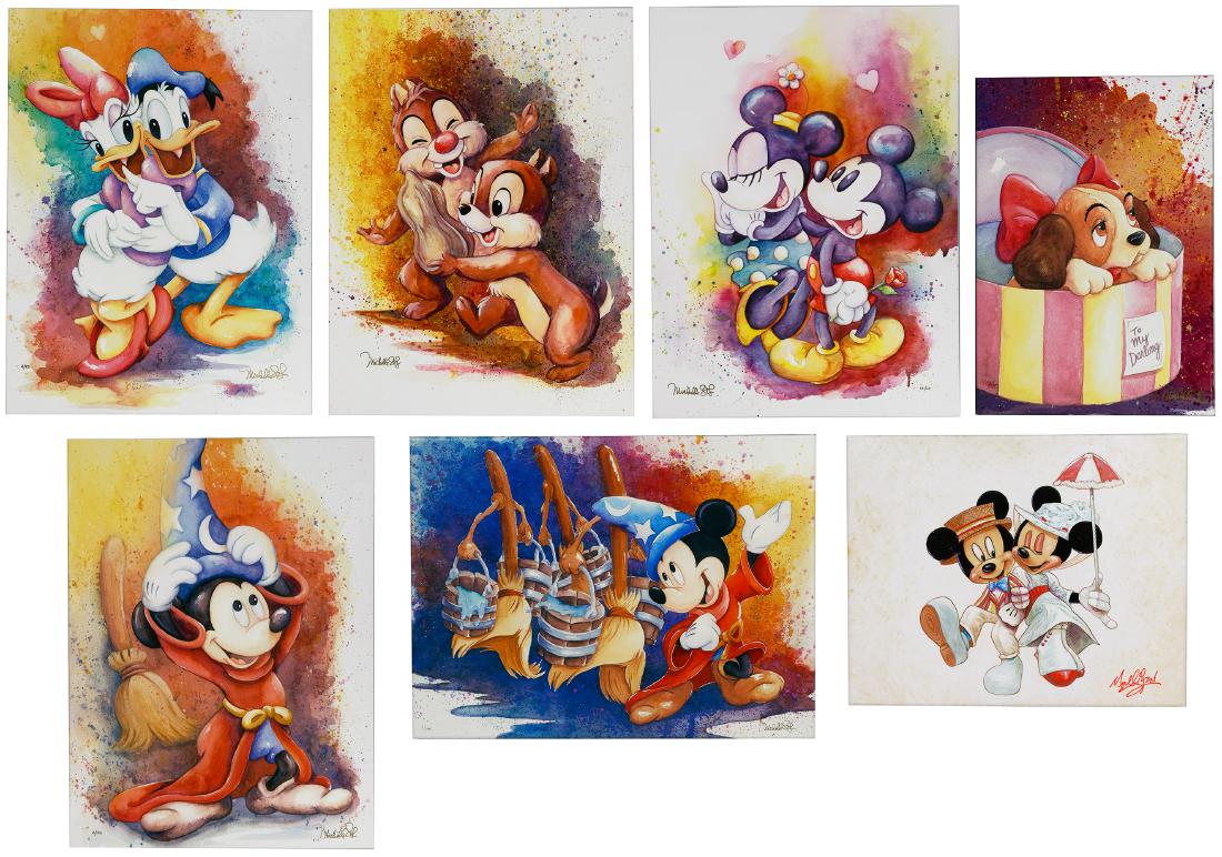 Disney Giclee on Canvas Assortment: Disney Giclee on Canvas Assortment Seven limited edition images by Disney Fine Art including 'A Rose for Minnie' signed Michelle St. Laurent-Sheive lower left AP 1/20, 'Jolly Holiday with Minnie' sign