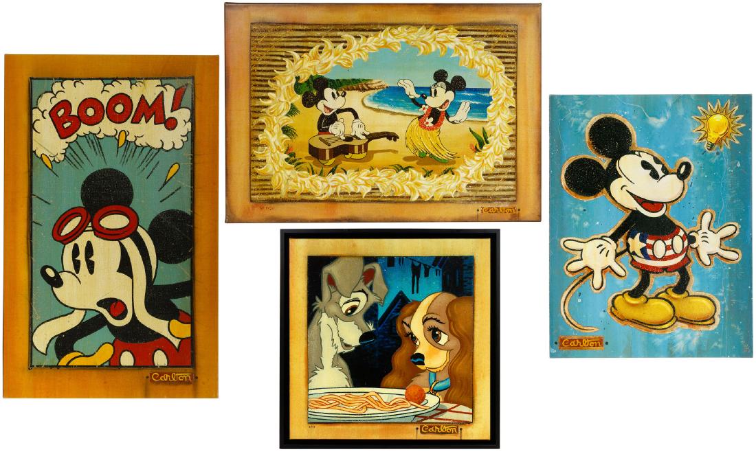 Disney Limited Edition and Original Art by Trevor: Disney Limited Edition and Original Art by Trevor Carlton Four items including 'Sweet Love' 3/95 giclee on canvas; 'Bright Idea' 1/23 mixed media on canvas; untitled Mickey and Minnie luau AP 10/20; a