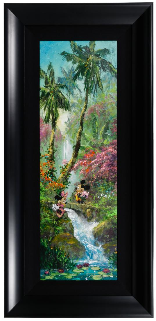 Disney Mickey and Minnie Giclee on Canvas Print: Disney Mickey and Minnie Giclee on Canvas Print 'Island Afternoon' signed James Coleman 4/195, vertical image in wide black frame Condition: Very Good, print in like new condition having no damage not