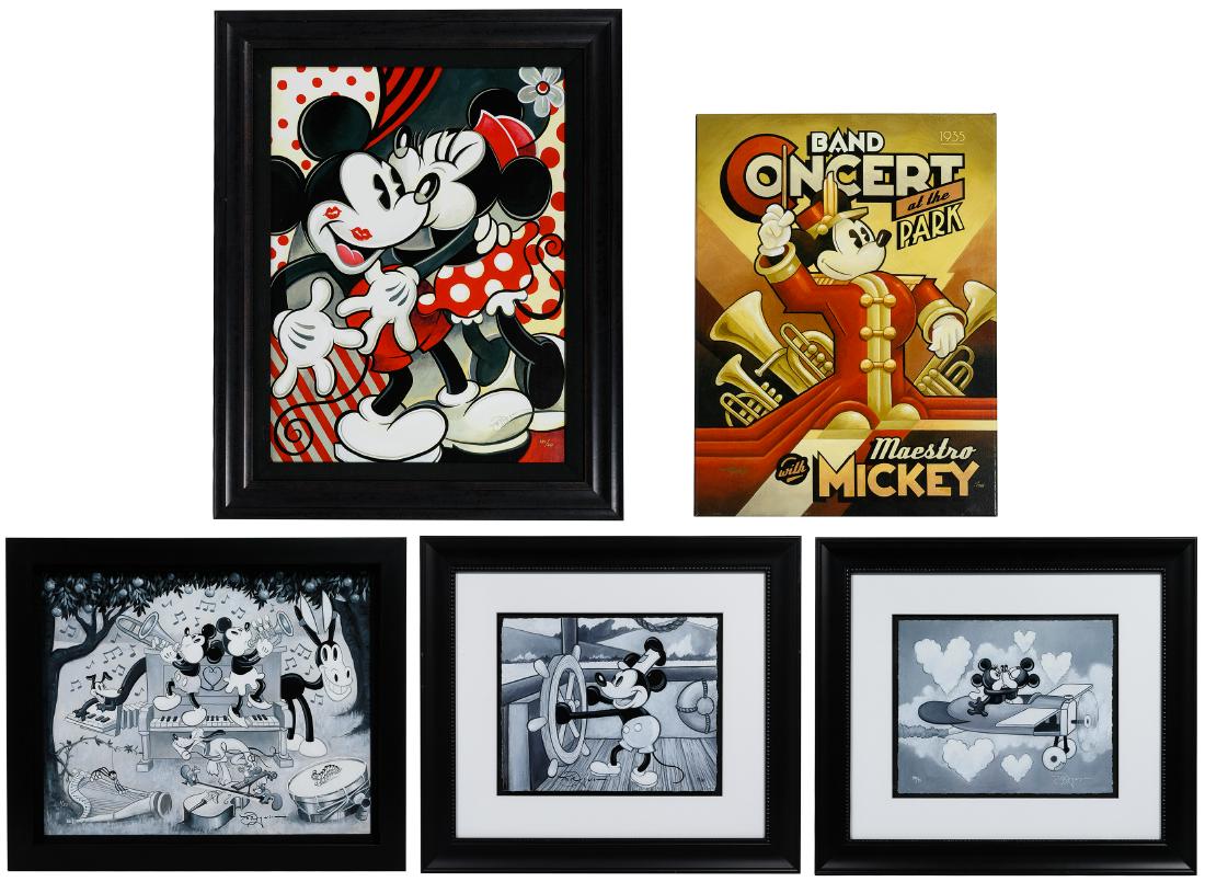 Mickey Mouse Canvas Print Assortment: Mickey Mouse Canvas Print Assortment Five items including three black and white early images with a Steamboat Willie; a Mickey & Minnie image, all signed Rogers, all framed in black; as well as a poly