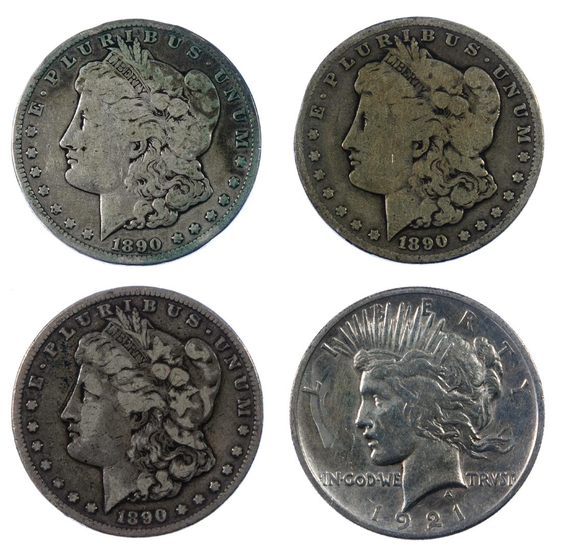 1890-CC, 1921 Peace $1 VG/VF: 1890-CC, 1921 Peace $1 VG/VF (4) coins including (3) 1890-CC and 1921 Peace Category: Dollars > Morgan Dollar Mixed Lots Shipping Status: Leonard Auction, Inc. will provide direct shipping for this lo