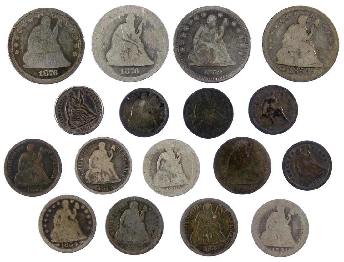 US Type Coin Assortment: US Type Coin Assortment (17) coins including 1839, (2) 1853, 1857-O and 1871 H10c, 1841, 1854, (2) 1875, (2) 1877, 1883 and 1891 10c as well as 1853 with arrows, 1859 and (2) 1876 25c Category: Miscel
