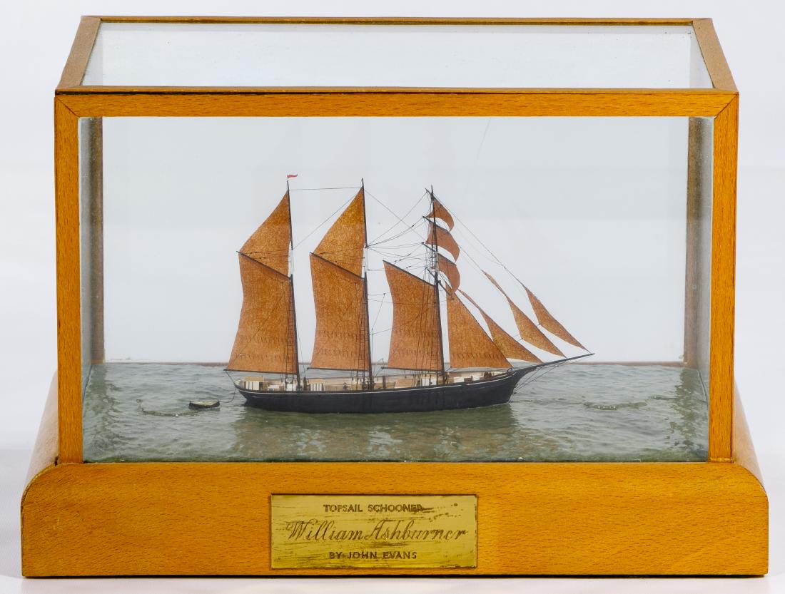 John Evans (British, 20th Century) Shipbuilder William: John Evans (British, 20th Century) Shipbuilder William Ashburner Topsail Schooner Model 1973, London, 1:32 scale; finely detailed model in a custom wood and glass display case Condition: Very Good, ba