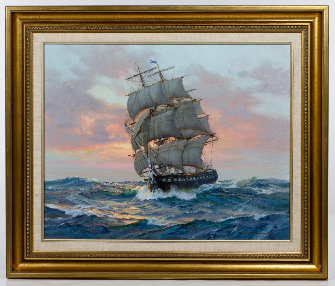 Charles Vickery (American, 1913-1998) 'The U.S.S: Charles Vickery (American, 1913-1998) 'The U.S.S Constitution' Oil on Canvas Undated, signed lower right, an image of the U.S.S. Constitution at sea at sunset; 'U.S.S. Constitution' inscribed in ink o