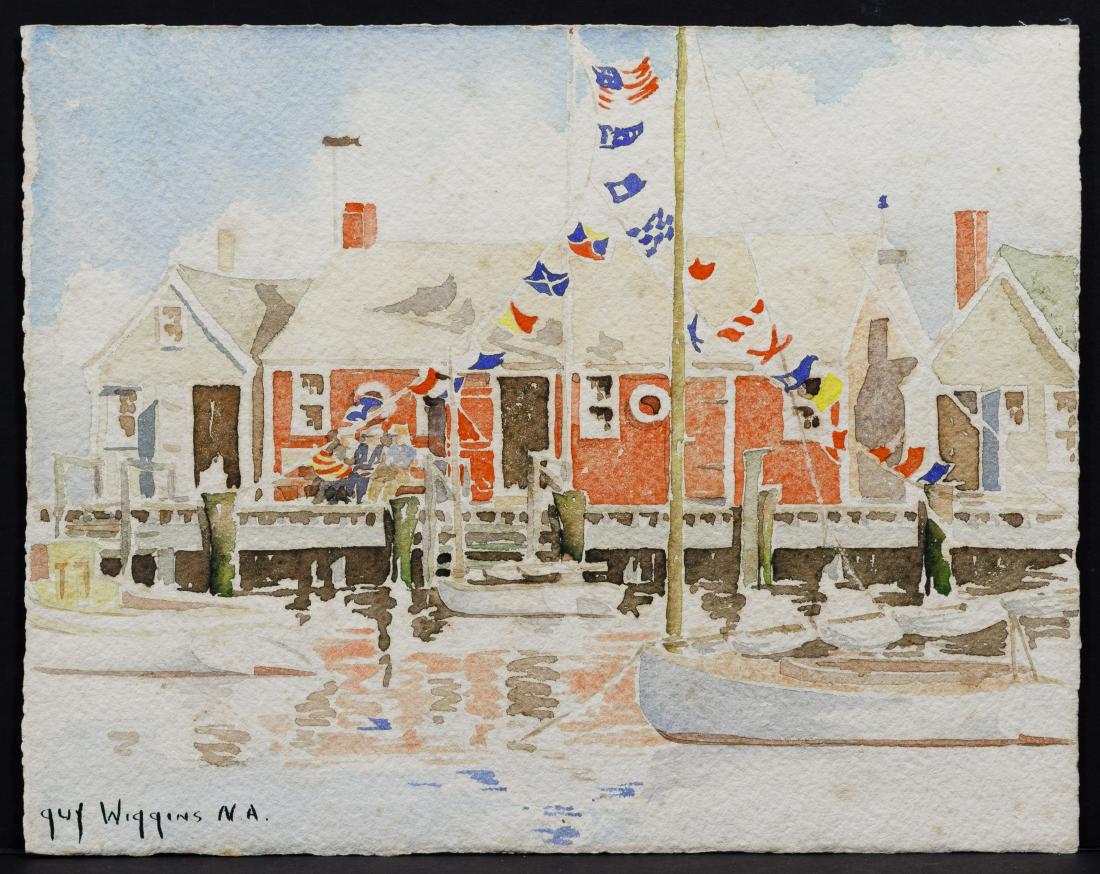 Guy Carleton Wiggins (American, 1883-1962) Watercolor: Guy Carleton Wiggins (American, 1883-1962) Watercolor on Paper Undated, signed lower left, view of an East Coast boatyard Condition: Good, image very bright; paper having foxing and stains from maskin